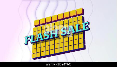 Mit gelbem 3D-Raster auf pastellfarbenem, wellenförmigem Hintergrund mit erhöhten Laschen, türkisfarbenem FLASH-VERKAUF Stockfoto