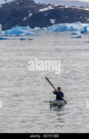 Arktis, Grönland, Kullorsuaq, einheimische grönländische Inuit Kajakfahren im traditionellen Kajak Stockfoto