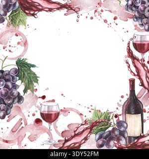 Wein Aquarell quadratische Rahmen Trauben, Flasche, Glas, rote Spritzer Flecken. Handgemalte Alkohol-Illustration lokalisiert auf weißem Hintergrund, Weinetiketten Stockfoto