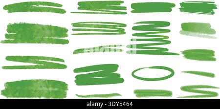 Grüne Aquarelllinien und Pinselstriche. Set strukturierter Linien in natürlichem Grüngrün. Zarte lichtdurchlässige Highlights in Frühlingshellgrün. Vektor Stock Vektor
