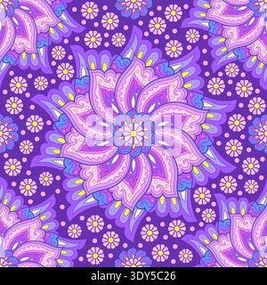 Ein wunderschönes nahtloses Muster mit einem lilafarbenen Mandala. Geeignet für Stoffdesign, Tapeten, Hintergründe, Scrapbooking, Geschenkpapier, und vieles mehr. Vektor Stock Vektor