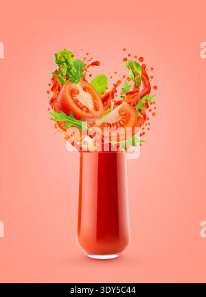 Frischer roter Gemüse-Smoothie im Glas mit Fliegentomatensaft, Blattgemüse, grünem Mangold, Explosionsspritzer auf rosa Hintergrund. Vitamin-Smoothie für h Stockfoto