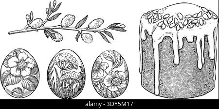 Vintage-Osterset mit handbemalten Blumeneiern und traditionellem Eiskuchen mit Weidenzweig. Realistische Vektorumrissgrafik. Ideal für traditionelle Dekorationen und Federkarten-Design. Stock Vektor