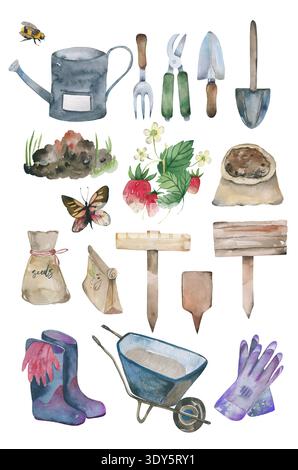 Frühling Gemüsegarten Erdbeerpflanze Haus Gartenarbeit Elemente Stockfoto