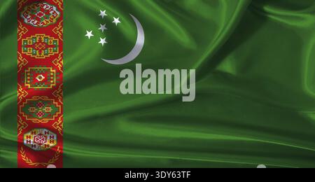 Nationalflagge Turkmenistans mit Stoffstruktur. Turkmenistan-Flagge mit realistischem Texturhintergrund Stockfoto