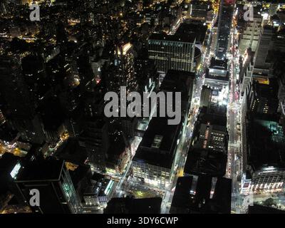 Ein nächtlicher Blick aus der Luft zeigt das dichte Gitter von Midtown Manhattan mit hohen Wolkenkratzern, die über den dunklen Dächern ragen. Stockfoto