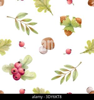Nahtloses Muster des Herbstwaldes mit Blättern, Beeren, Pilzen und Haselnüssen. Handgezeichneter botanischer Herbst-Hintergrund mit Aquarell. Stockfoto
