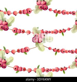 Nahtloses Aquarellmuster mit Weißdornbeeren-Girlanden. Handgezeichneter botanischer Herbst-Hintergrund mit roten Beeren und grünen Blättern Stockfoto