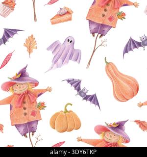 Halloween nahtloses Muster mit Vogelscheuche, Kürbissen, Fledermäusen und Geistern Stockfoto