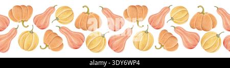 Kürbis nahtlose Grenze, handgezeichnete Ernte Thanksgiving Illustration Stockfoto