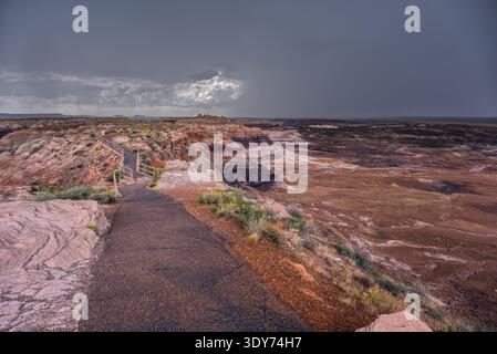 Sturmwolken sammeln sich über Blue Mesa im Petrified Forest National Park, während sich der Regen in Arizona nähert Stockfoto