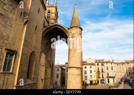 Blick auf die Kathedrale St. Peter in Montpellier mit Gebäuden und Himmel im Hintergrund Stockfoto