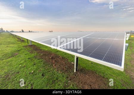 Reihen von Photovoltaik-Solarpaneelen auf metal支架 in einer offenen Grünfläche bei Tageslicht, die eine nachhaltige Energieinfrastruktur darstellen. Stockfoto