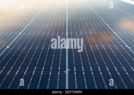 Detailansicht von Photovoltaikzellen auf Solarzellen mit Sonnenblendung, die saubere und nachhaltige Stromerzeugung symbolisieren Stockfoto