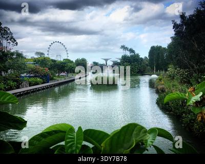 Dragonfly Lake in the Gardens by the Bay Park mit Blick auf Singapore Flyer und Supertree Grove, Singapur, Februar 2019 Stockfoto