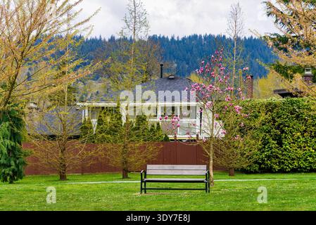 Bank in einem Park vor dem Wohnhaus am bewölkten Frühlingstag Stockfoto