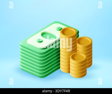 3D-Stapel mit Grünpapiergeld und goldenen Münzen Stock Vektor