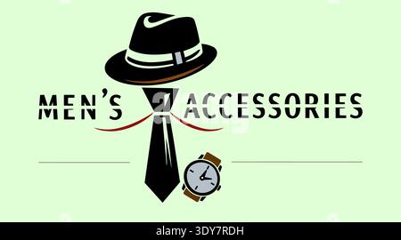 Vector Fashion Logo für Herren Accessoires Store mit Hut Krawatte und Armbanduhr, die Stil und Eleganz von Herren symbolisieren. Stock Vektor