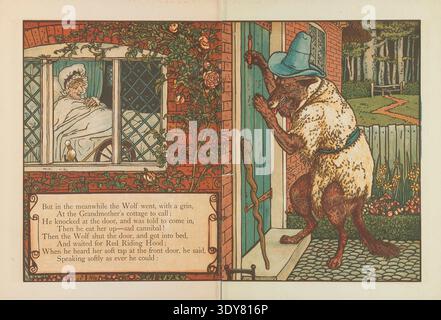 Der große böse Wolf klopft an Großmutters Hütte in einer Illustration von Walter Cranes Rotkäppchen, einem viktorianischen Kinderbuch-Kunstwerk, das die klassische Märchenszene vor der Ankunft des Rotkäppchens darstellt. Stockfoto
