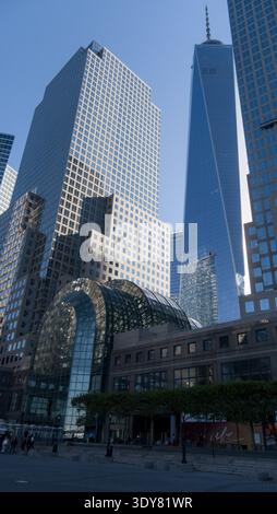 Ein Blick auf das One World Trade Center, das sich über den umliegenden Wolkenkratzern in Lower Manhattan, New York City erhebt. Stockfoto