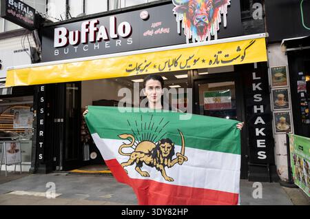 Iranische Gemeinde in Finchley, Nord-London. Das Bild zeigt Sima Darafshem in ihrem Metzgerladen. Stockfoto