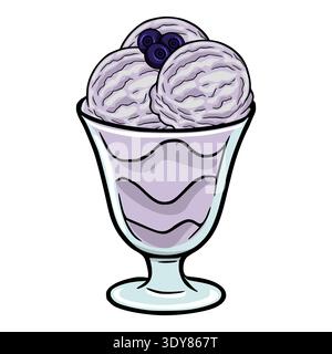 Blaubeere Eis Eisbecher Vektor Illustration mit drei Schaufeln und frischen Beeren in einer Glasschale. Stock Vektor