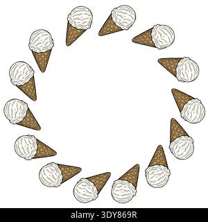 Skurrile Vektor-Illustration eines kreisförmigen Rahmens aus cremigen Vanilleeiskegeln mit Waffelstruktur. Stock Vektor