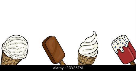 Eine Banner-Vektor-Illustration mit einer Vielzahl von köstlichen Eisspezialitäten, einschließlich Kegel und Eis. Stock Vektor