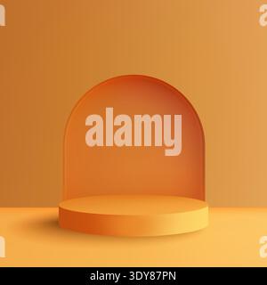 Orangefarbenes 3D-Podium mit Bogennische, minimalistischer, warmfarbiger Szene für die Produktpräsentation. Stockfoto