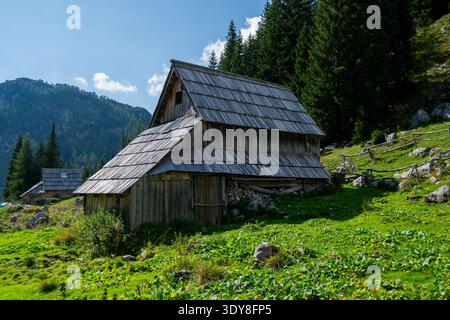 SLOWENIEN, BOHINJ - 25. AUGUST 2025: Nahaufnahme einer traditionellen hölzernen Hirtenhütte auf der Planina Visevnik in den Julischen Alpen. Stockfoto