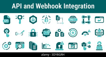 Symbolsatz Visualisierung der API-Integration Webhook-Automatisierung Datenaustausch Authentifizierung Synchronisierung und Systemkonnektivität Stock Vektor