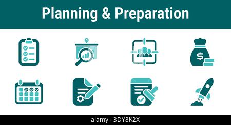 Symbole für die Kampagnenplanung und -Vorbereitung, die die Zielgruppen für die Strategiedefinition anzeigen, Budgetierungs-Genehmigungen und den Workflow für die Vorbereitung des Starts Stock Vektor