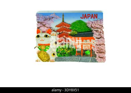 Souvenirmagnet mit maneki-neko-Katze, Pagode, Torii-Tor und Kirschblüten mit blauem Himmel, mit der Aufschrift „japan“ Stockfoto