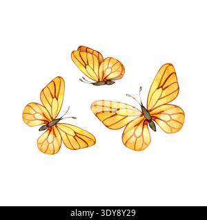Handgemalte Aquarellillustration von drei goldgelben Schmetterlingen. Diese eleganten Insekten mit detaillierten Venenmustern an den Flügeln sind ideal Stockfoto