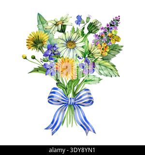Lebhaftes Aquarellstrauß mit Gänseblümchen, Löwenzahn und violetten Wildblumen, die mit einem blau gestreiften Band verbunden sind. Bezaubernde rustikale Blumenarrangements Stockfoto
