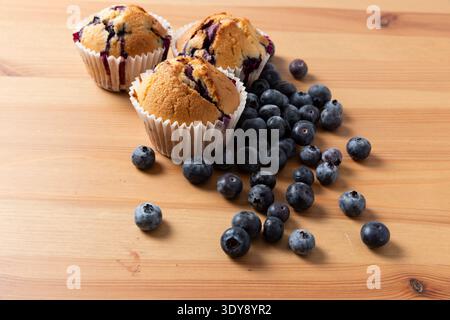 Drei hausgemachte Blueberry Muffins mit verstreuten frischen Blaubeeren auf Holztisch, Horizontal Stockfoto