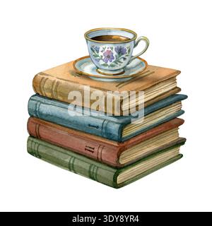 Gemütliche Aquarellillustration einer Vintage-Teetasse mit Blumenmustern auf einem Stapel alter Bücher. Charmante künstlerische Szene, perfekt für ein Café Stockfoto