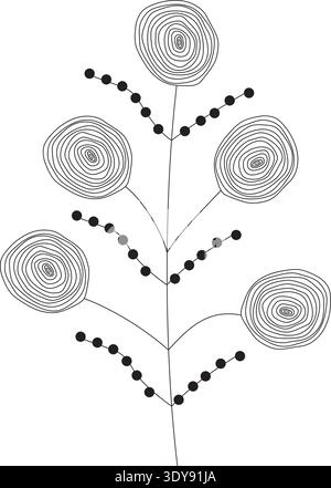Künstlerische Darstellung eines botanischen Zweigs mit abstrakten Formen, die Früchte, Samen und florale Formen darstellen. Stock Vektor