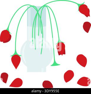Verwelkte Rosen Blüten in der Vase mit gefallenen Blütenblättern, die Stämme und Blütenblätter zeigen. Stock Vektor