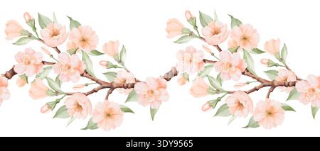 Aquarell Pfirsichblütenzweig mit blühenden Frühlingsblumen. Botanische Handgemalte Illustration. Stockfoto
