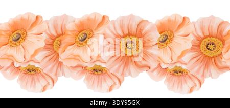 Aquarellorange Blume horizontale nahtlose Grenze, Muster mit isländischen Mohnblüten. Handgemalte Blumenabbildung. Stockfoto