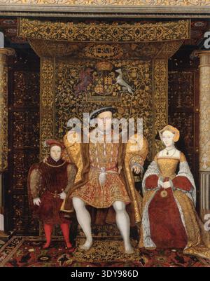 Eine detaillierte Darstellung von König Heinrich VIII., seinem Sohn Edward und seiner dritten Frau Jane Seymour, die ihre königliche Kleidung aus der Tudor-Ära und die Pracht des königlichen Hofes zeigt Stockfoto