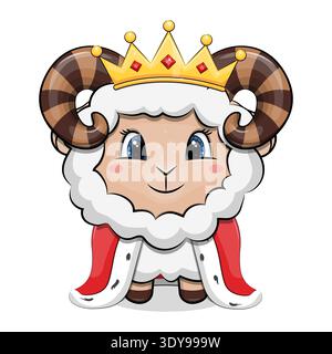 Niedlicher Cartoon RAM King mit Krone und königlichem Gewand. Vektortierillustration auf weißem Hintergrund. Stock Vektor