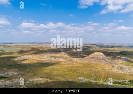 Bänder freiliegender Sedimente wickeln sich um die Äste und Grate und schaffen eine Landschaft voller Textur und natürlicher Farbe im Grasslands National Park. Stockfoto