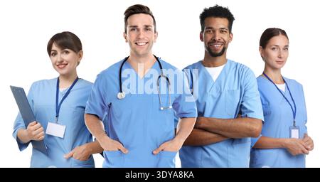 Gruppe professioneller medizinischer Fachkräfte auf weißem Hintergrund. Gleichheit und Einheit zur Rettung von Leben Stockfoto