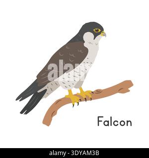 Peregrine Falke thront auf Baumzweig Vektor Illustration, Cartoon Clipart Charakter, Tier in flacher Art. Wilde Tiere, Vogel, Vögel Konzept Stock Vektor