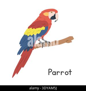 Scharlachroter Ara Papagei auf Baumzweig Vektor Illustration, Zeichentrick Clipart Charakter, Tier in flacher Art. Wilde Tiere, Vogel, Vögel Konzept Stock Vektor