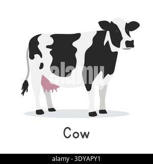 Holstein Kuh Vektor Illustration. Niedliches schwarz-weißes Kuh-Cartoon-Clipart, Tier im flachen Stil. Nutztierkonzept, ländliche Landwirtschaft Stock Vektor