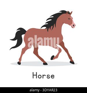 Illustration des Pferdevektors. Niedliches Running Horse Cartoon Clipart, Tier im flachen Stil. Nutztierkonzept, ländliche Landwirtschaft Stock Vektor