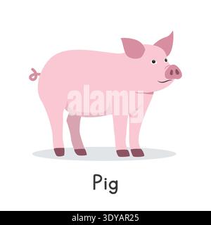 Abbildung des Schweinevektors. Niedliches pinkfarbenes Cartoon Clipart, Tier in flachem Stil. Nutztierkonzept, ländliche Landwirtschaft. Vektordesign für Viehtiere und Schweine Stock Vektor